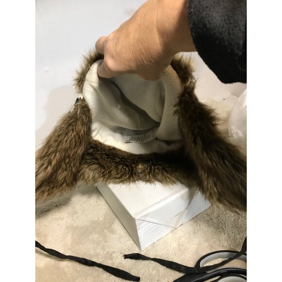 Chaos Trapper Hat Faux Fur Lined Knit Ear Flaps Tie Strings One Size Black White - Picture 9 of 11
